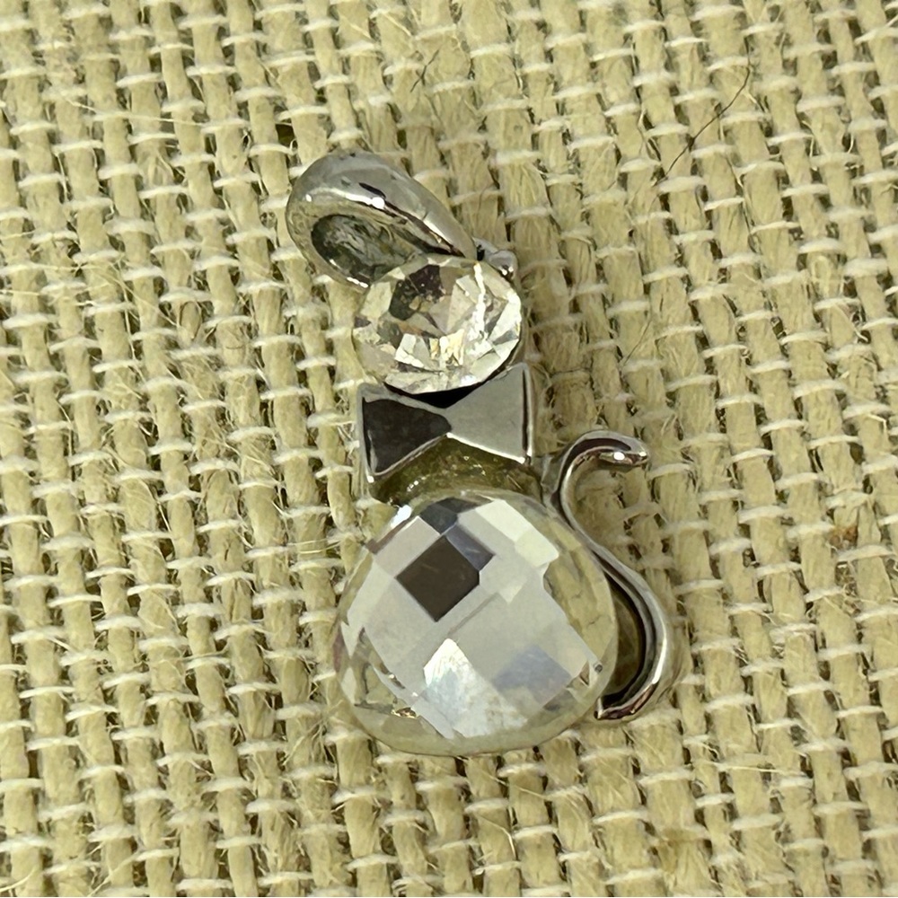 Clear Rhinestone Crystal Silvertone Cat Pendant